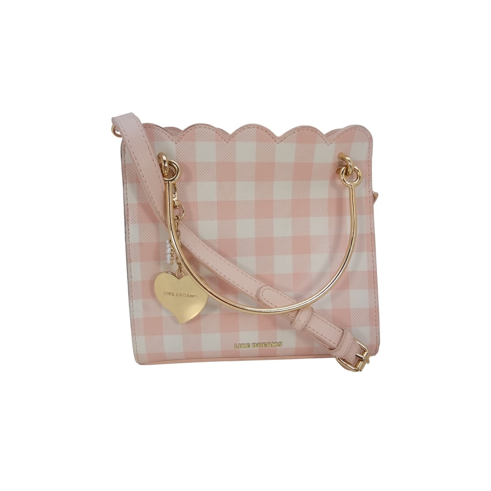 LIKE DREAMS Pink Gingham Scalloped Crossbody Bag with Heart Charm Ring Handle